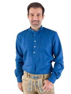 Leinenpfoad Stehkragenhemd Hund Sans Scho Mittelblau Klassischer Schnitt