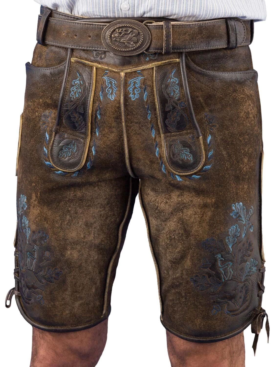 Trachtenlederhose Kurz Maddox Amsel-ta-blau-Speckig 1 Trachtenlederhose Kurz Maddox Amsel-ta-blau-Speckig